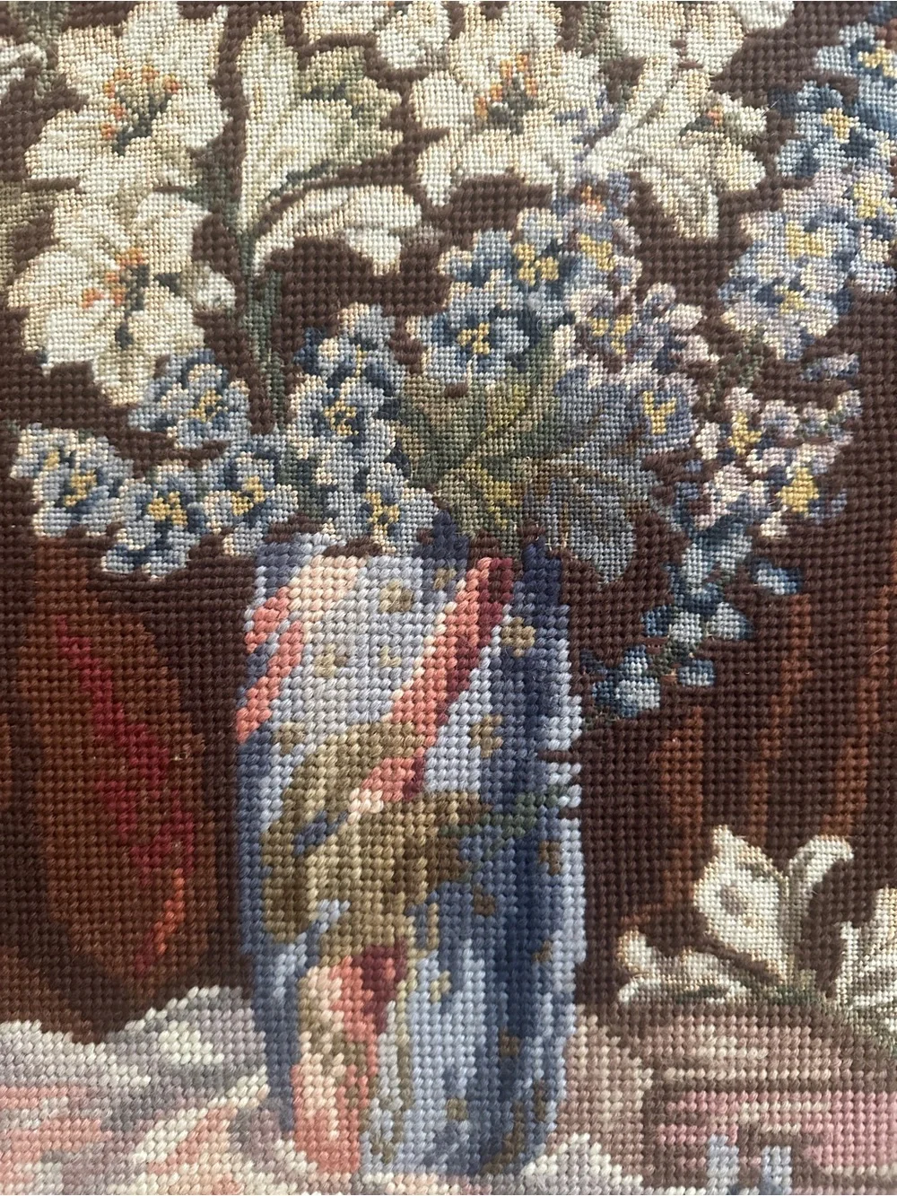 VINTAGE Framed Floral Needlepoint Art in Gold Frame- size 20-1/2” long x 15”wide